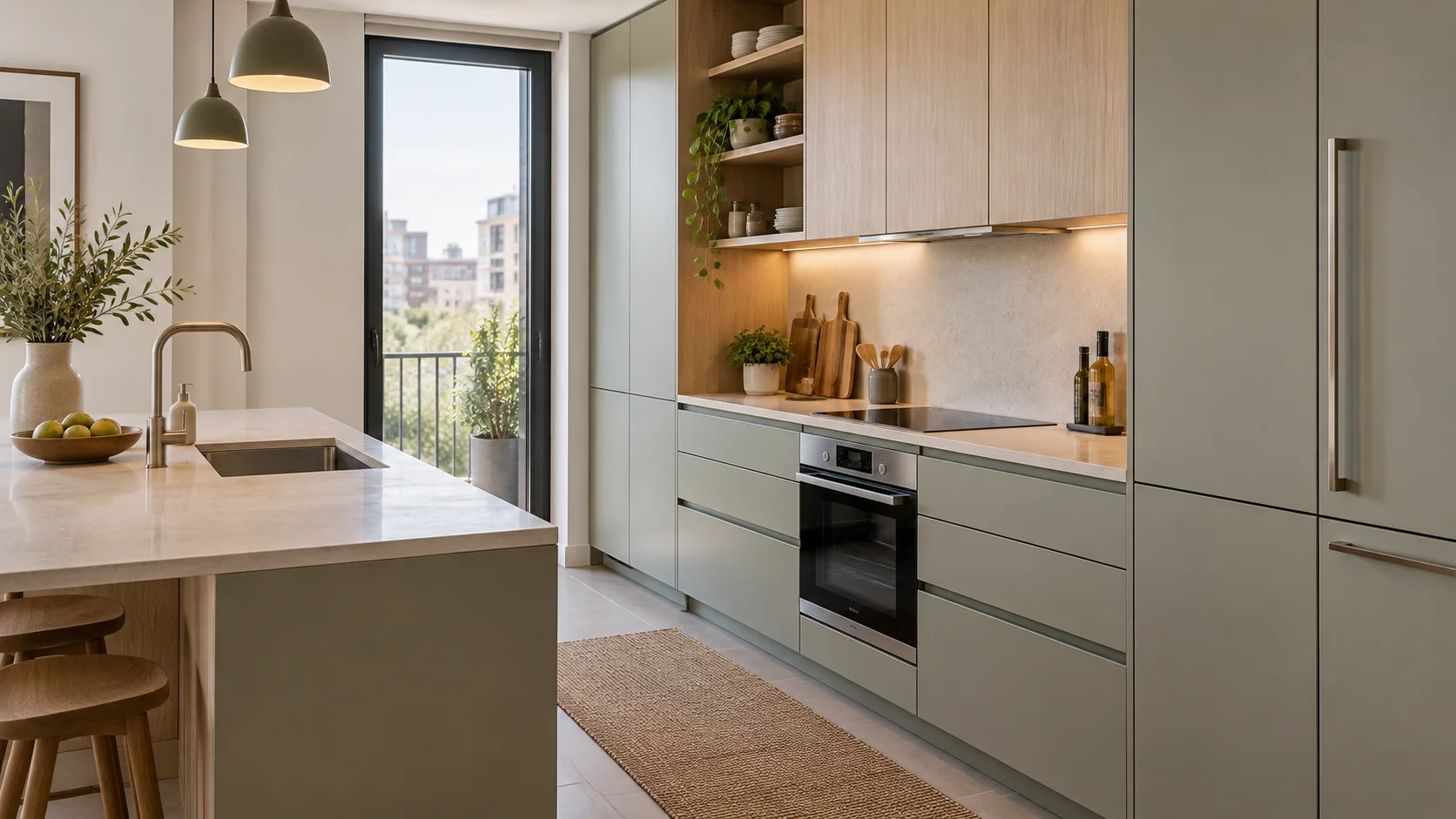 Компактная кухня с ясными рабочими зонами и встроенным хранением